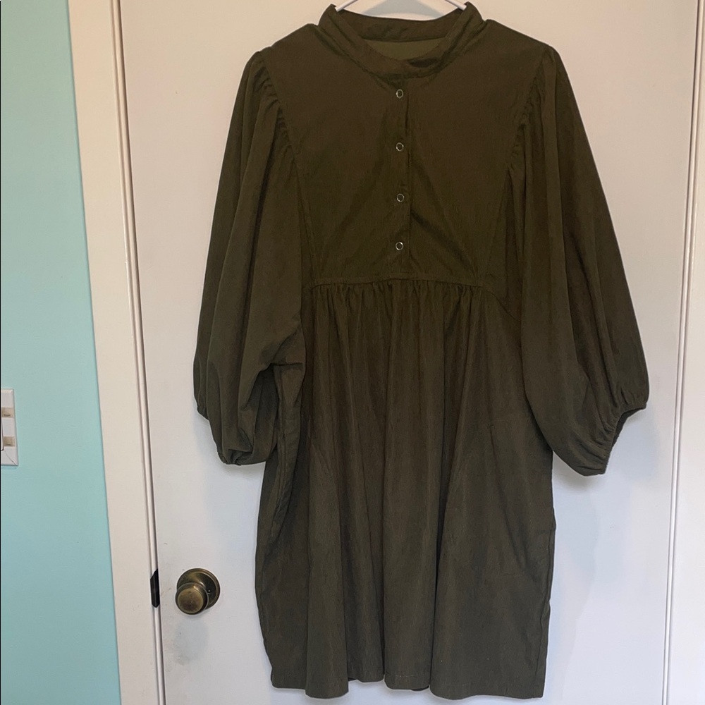 Olive Green Lantern Sleeve Corduroy Dress- with pockets!